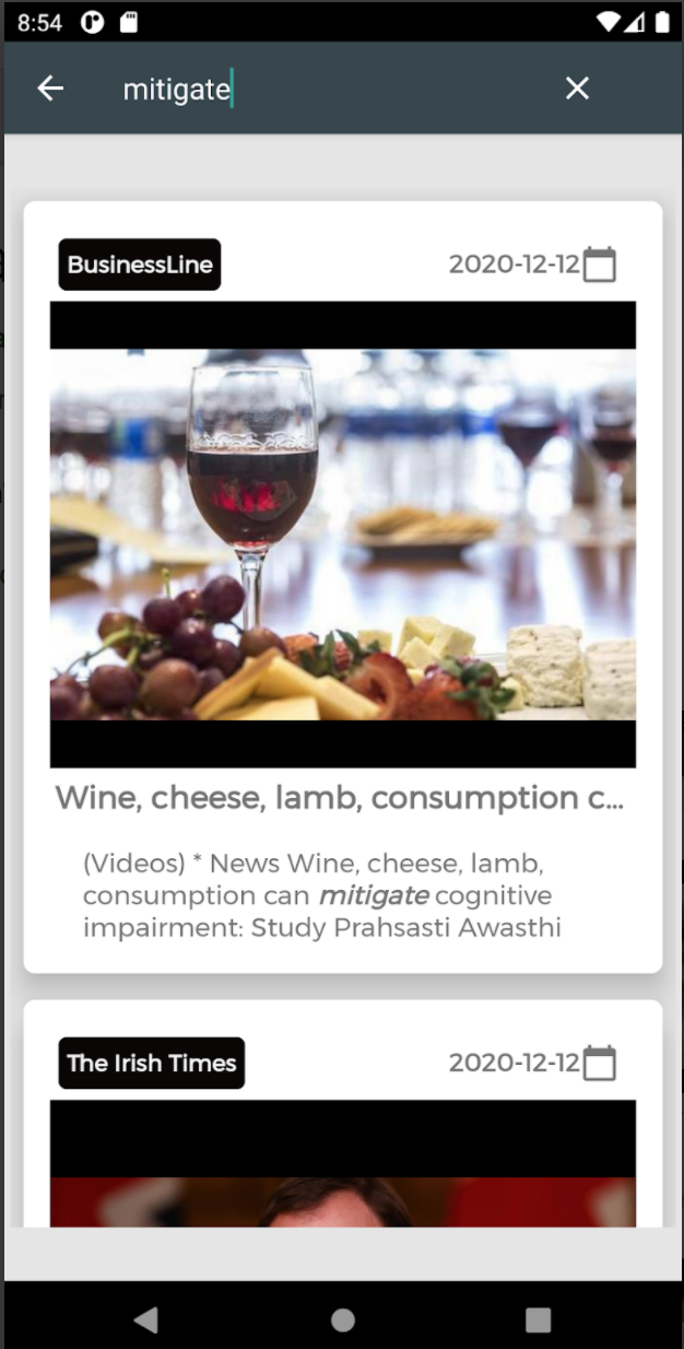 Original Bobal Android app screenshot showing a vocabulary-related news search